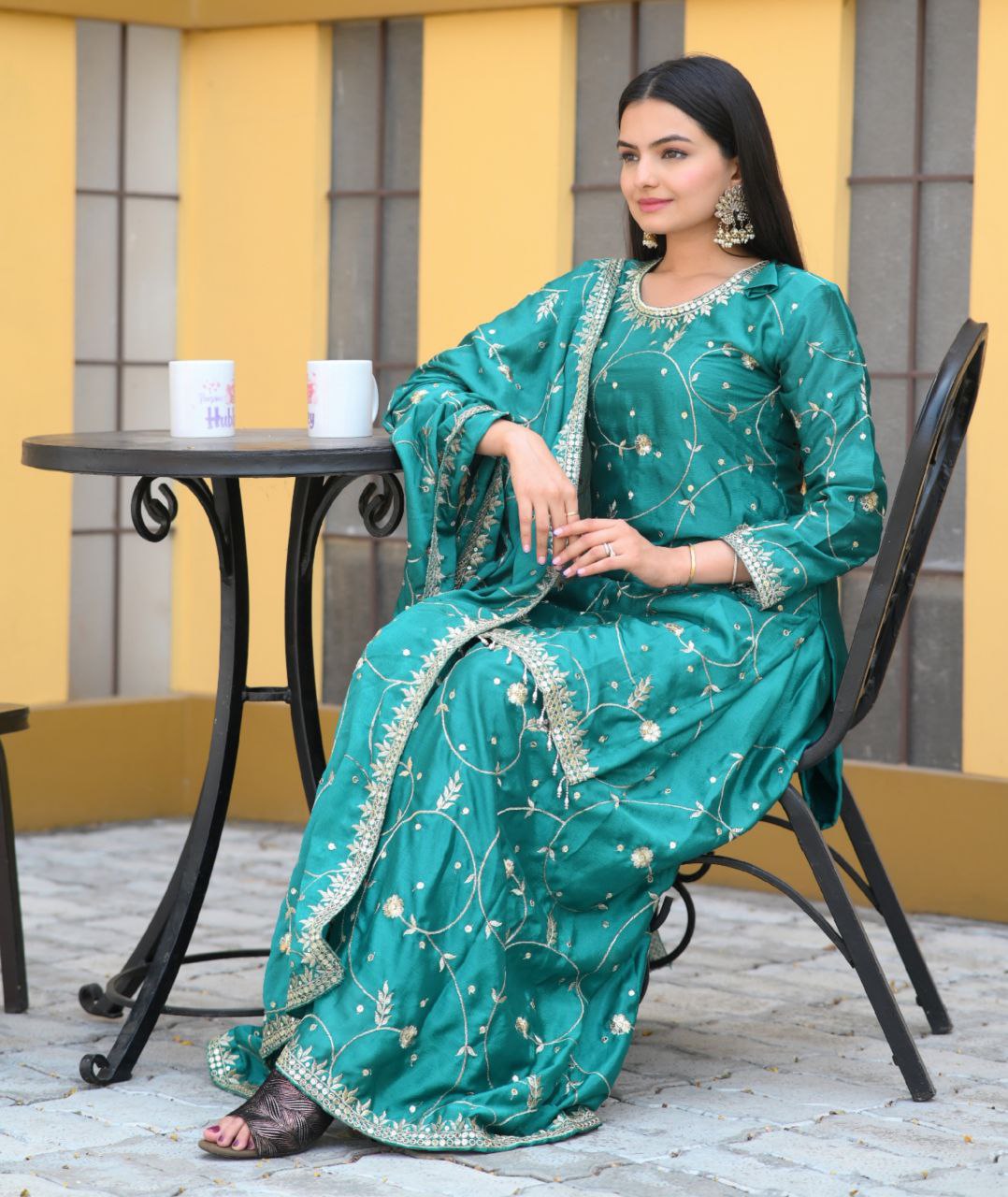 Teal chinon embroidered Keisha designer sharara suit