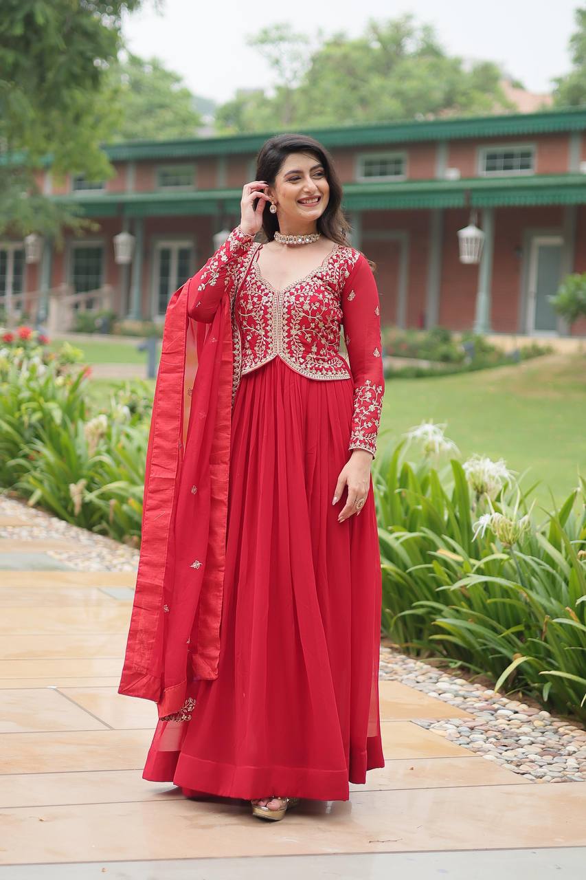 Red georgette embroidered Parthavi designer Anarkali gown