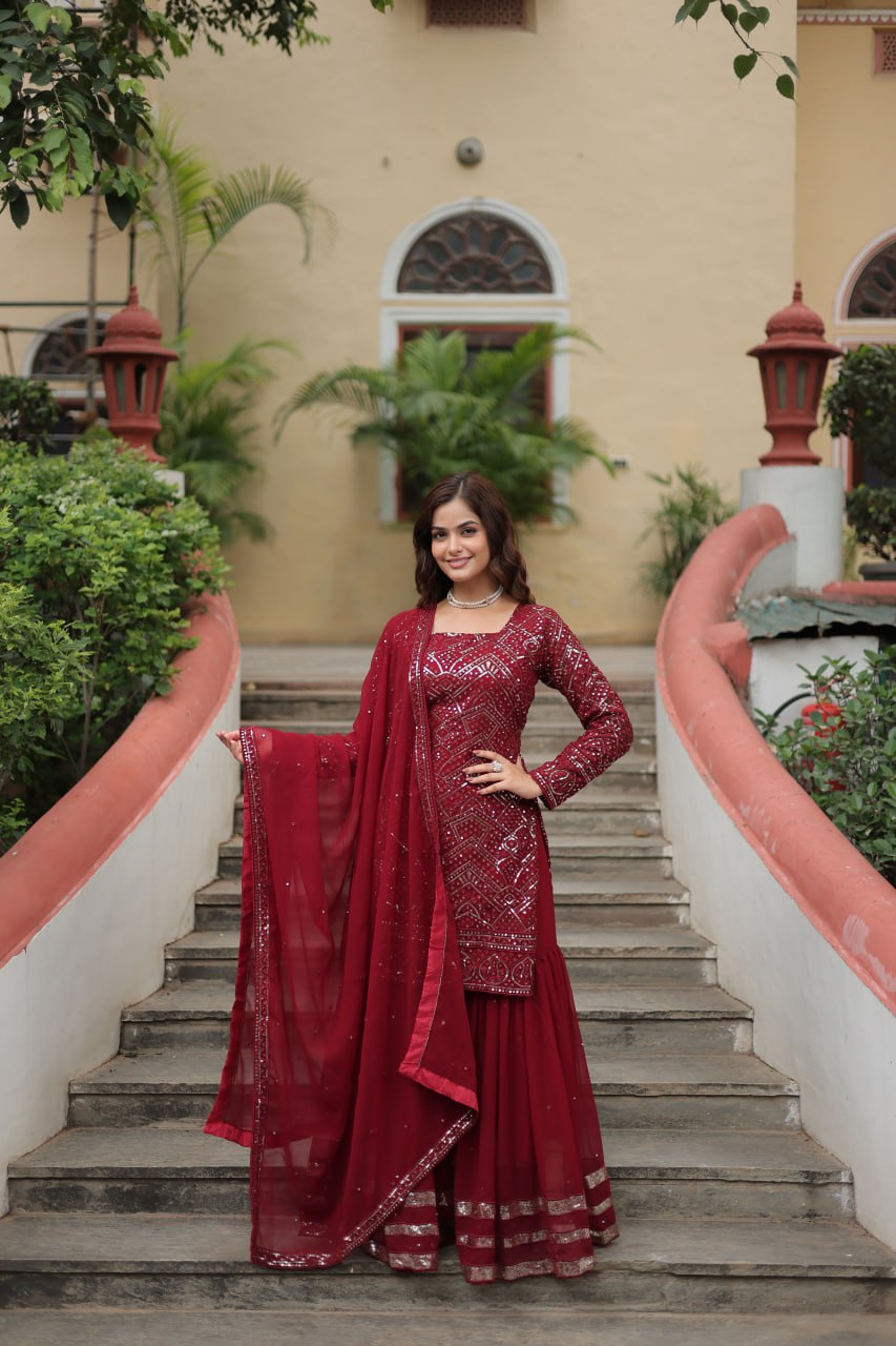 Maroon georgette embroidered Lavya designer sharara suit