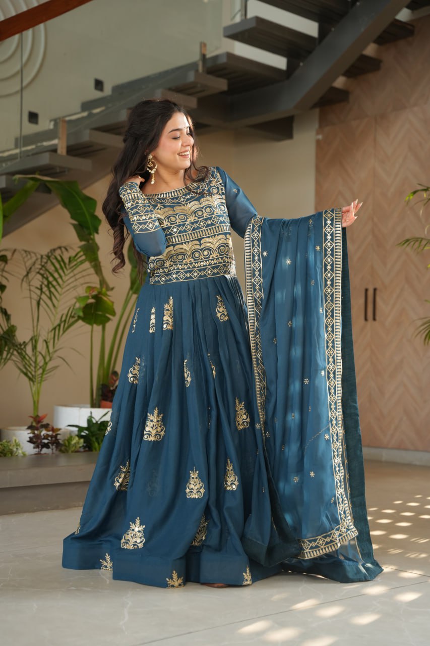 Teal blue chinnon embroidered gown with sequins work and dupatta