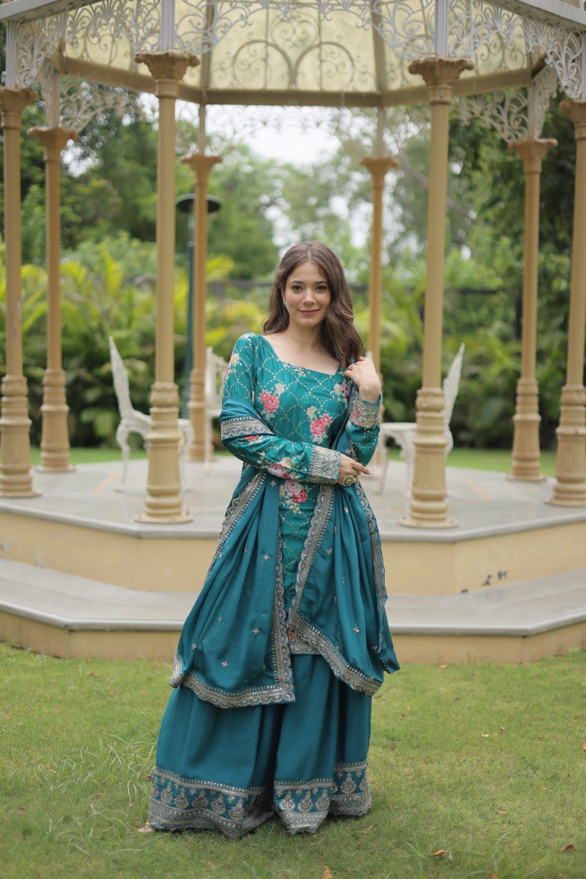 Teal chinon embroidered Medhasvi designer sharara suit