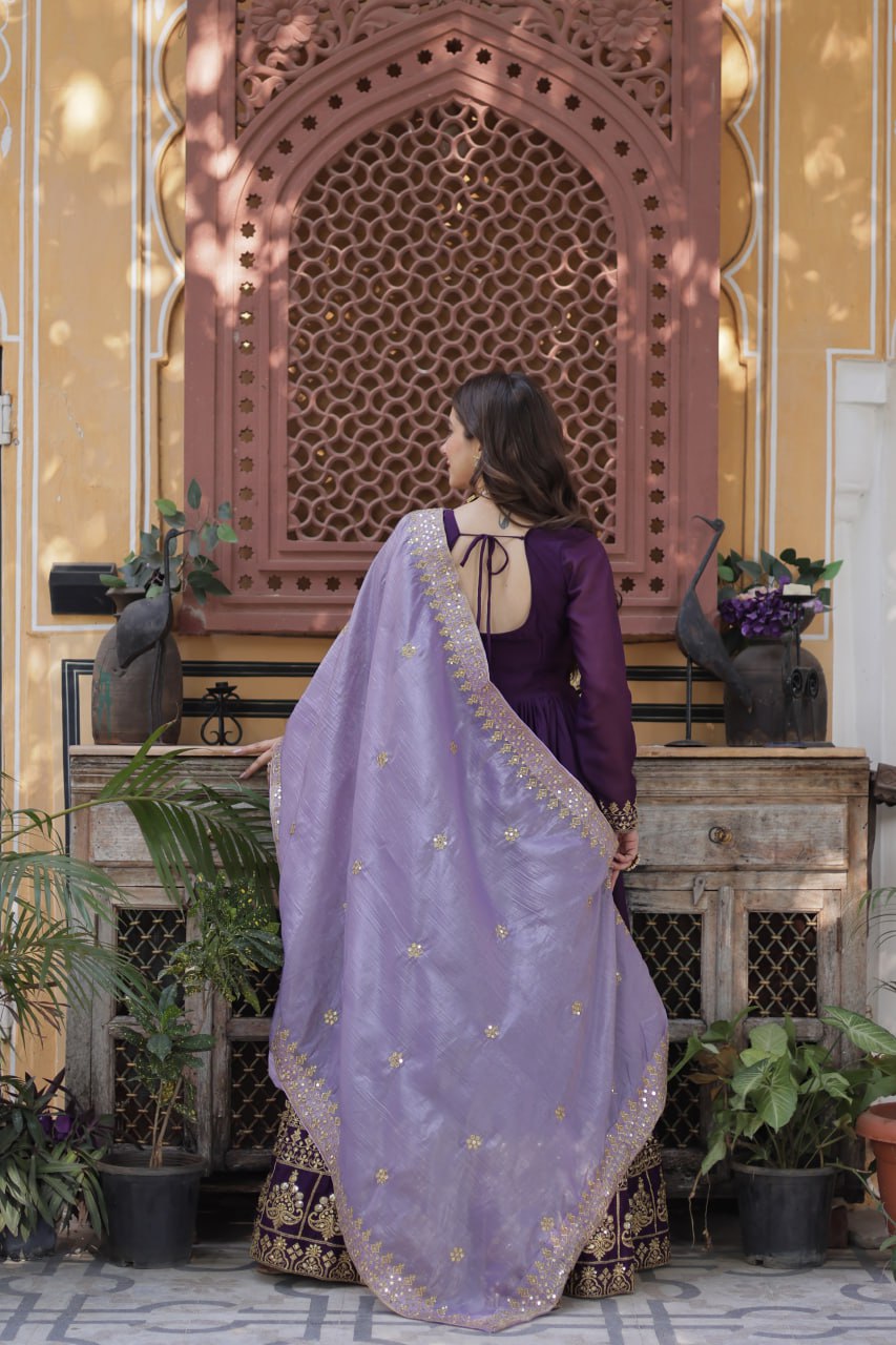 Purple star georgette embroidered zari sequins work gown with dupatta