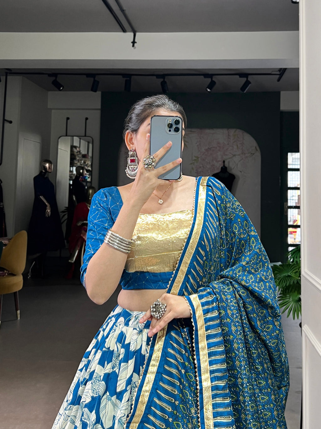 Blue Tasar silk foil print embossed lace work lehenga choli with dupatta