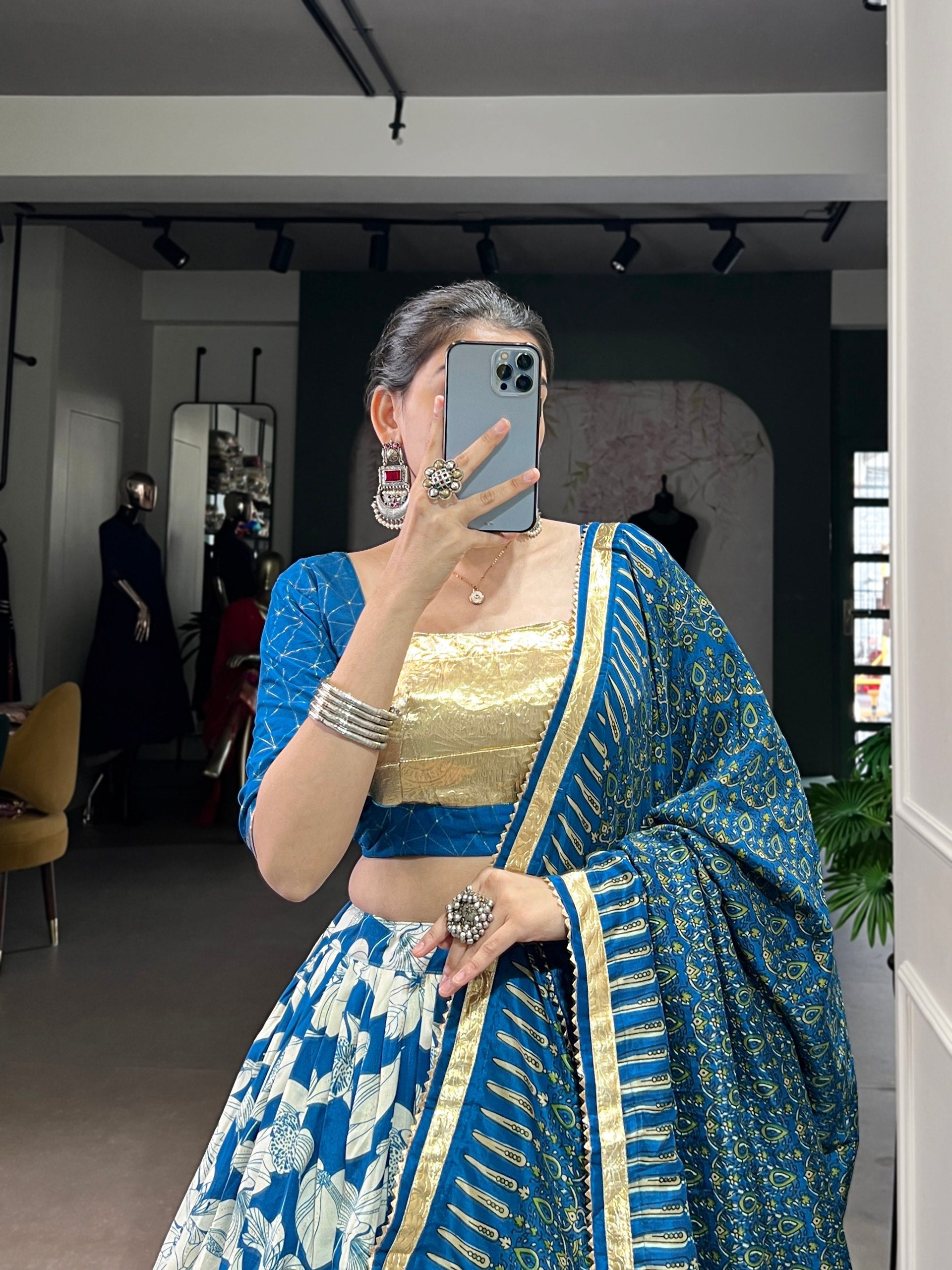 Blue Tasar silk foil print embossed lace work lehenga choli with dupatta