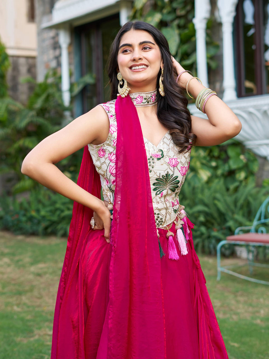 Tanu pink tissue silk lehenga choli with sequins thread work and dupatta