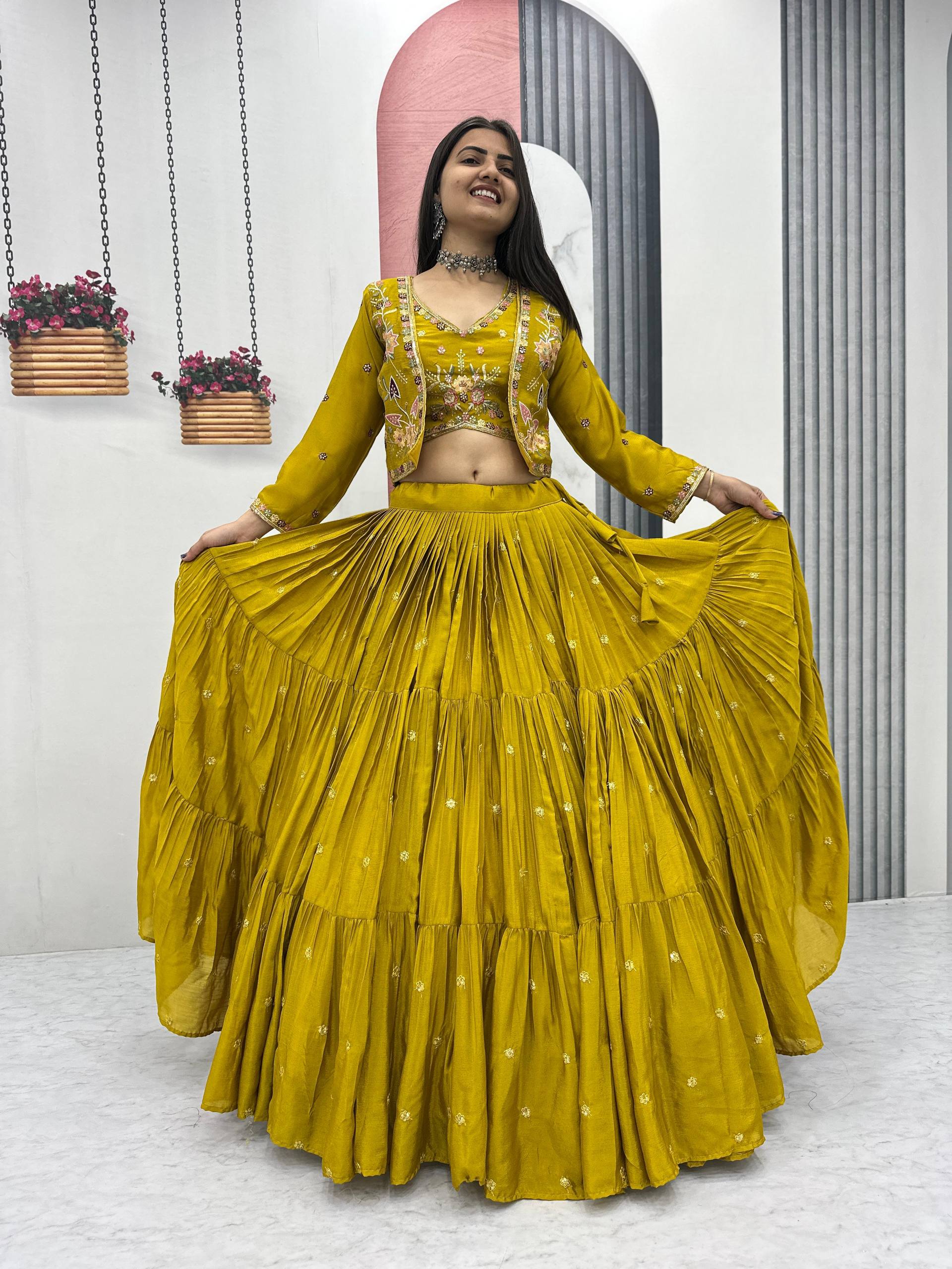 Mustard yellow chinon embroidered crop top lehenga with designer jacket