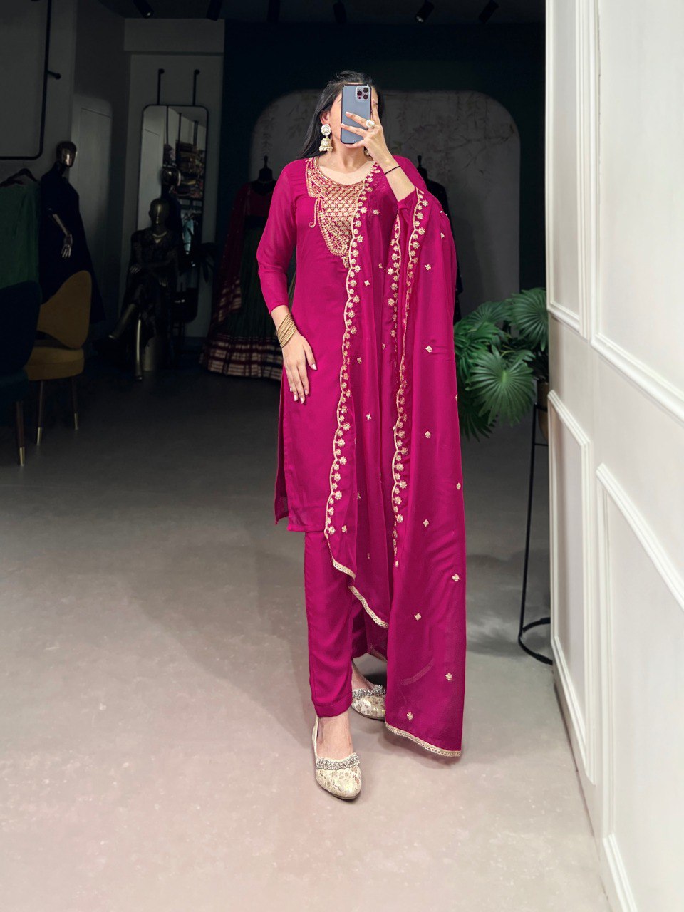 Pink organza kurti set with sequins and thread work embroidery and dupatta