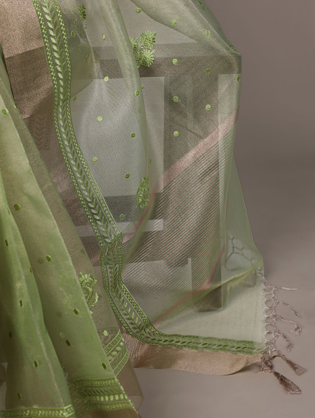 Pista green poly shimmer thread embroidered saree with unstitched blouse