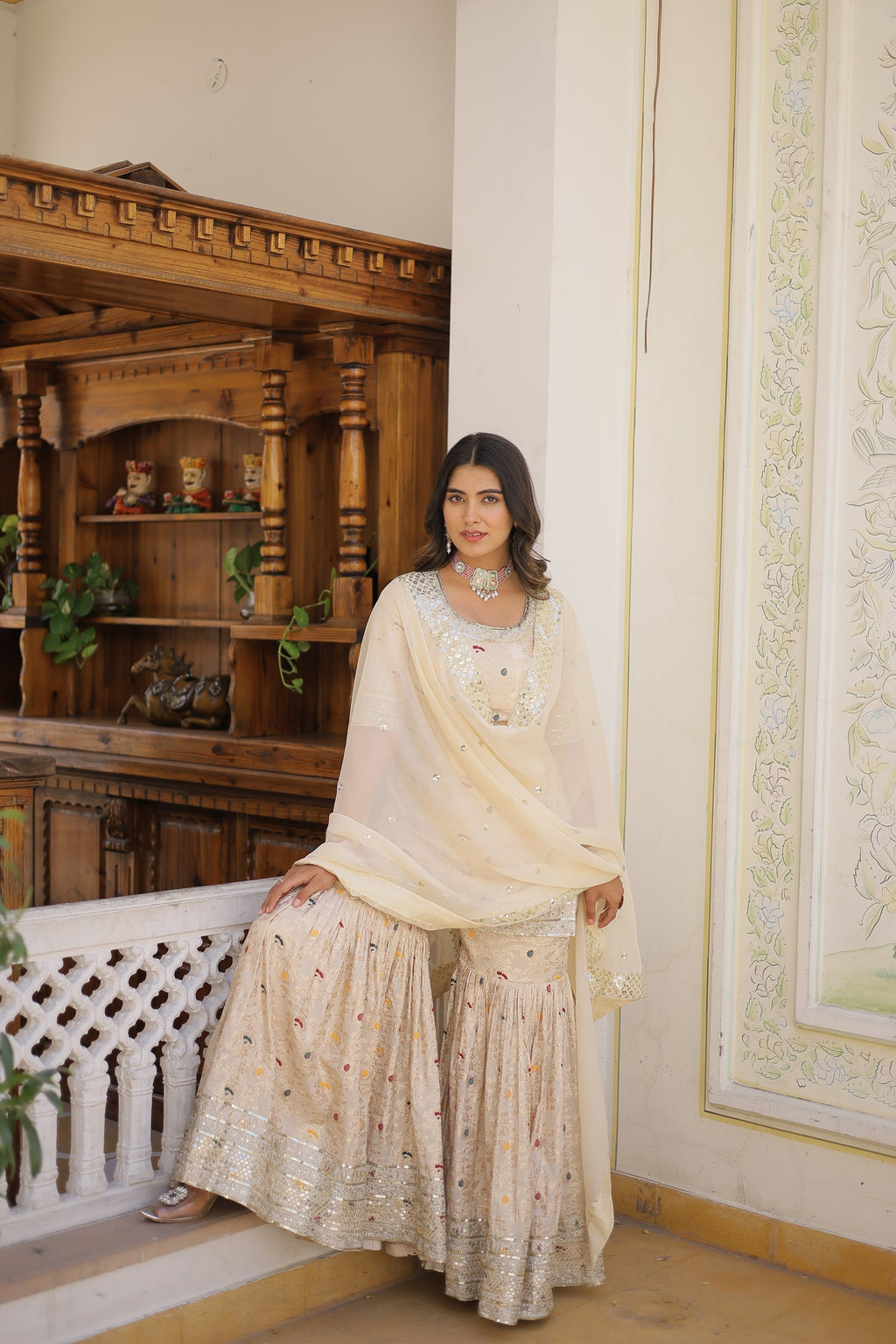 Krishnapriya off white viscose embroidered kurti gharara set