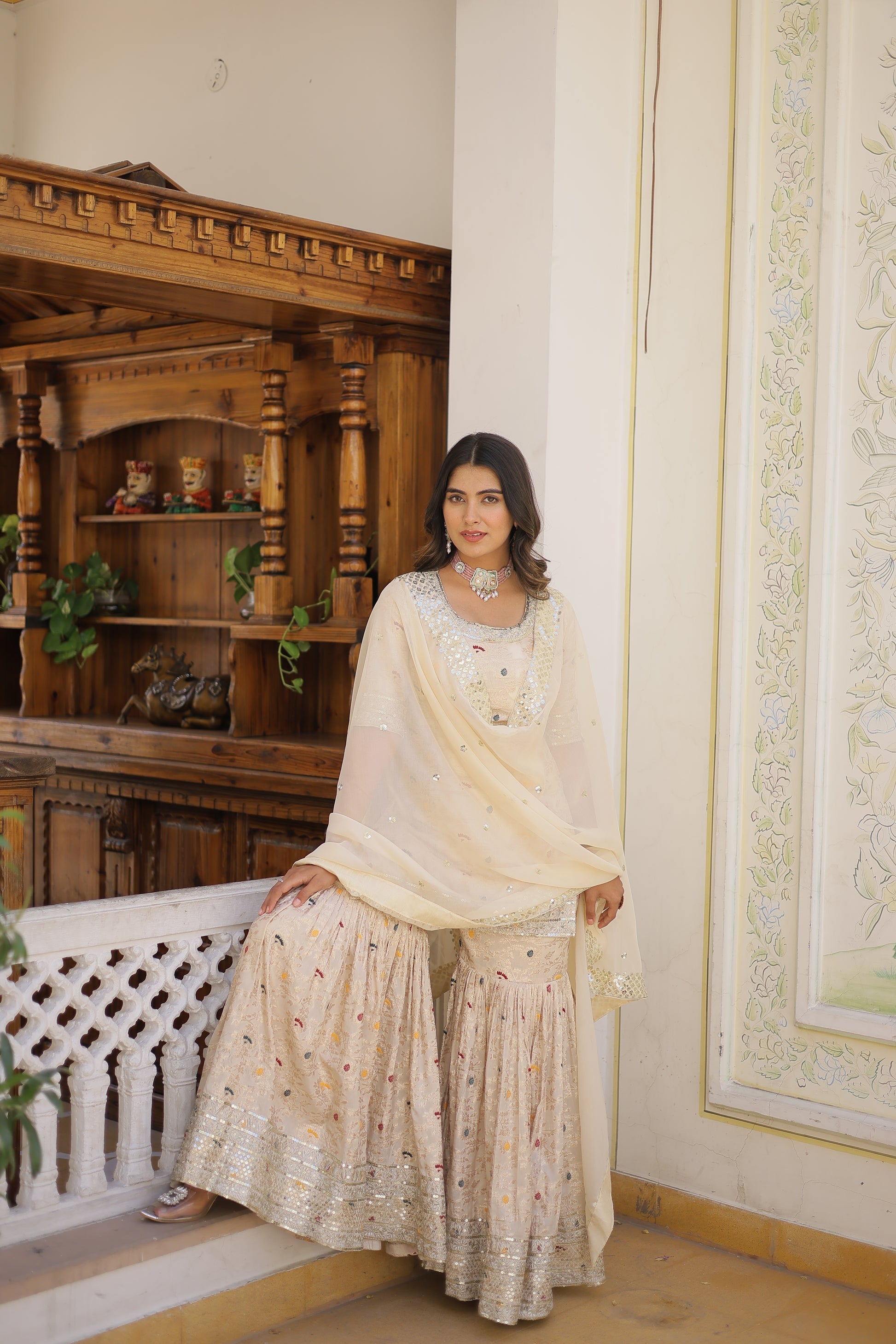 Krishnapriya off white viscose embroidered kurti gharara set
