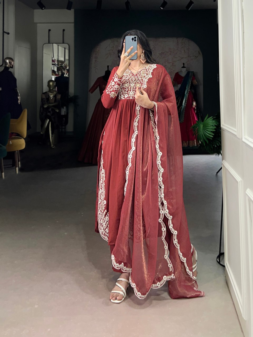Rust orange Maska cotton embroidered kurta set with dupatta