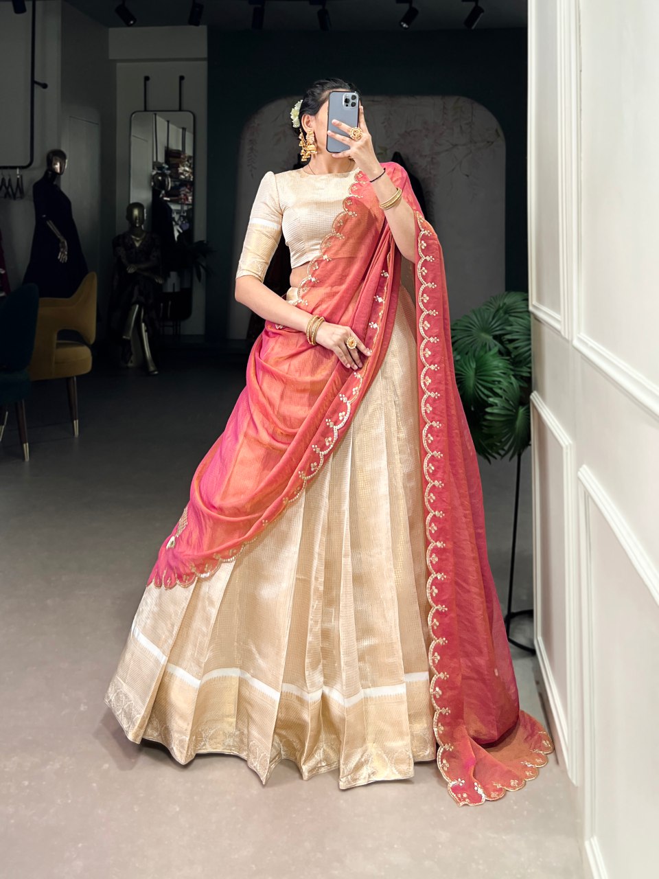 Golden jacquard chex lehenga choli with zari weaving and embroidered dupatta