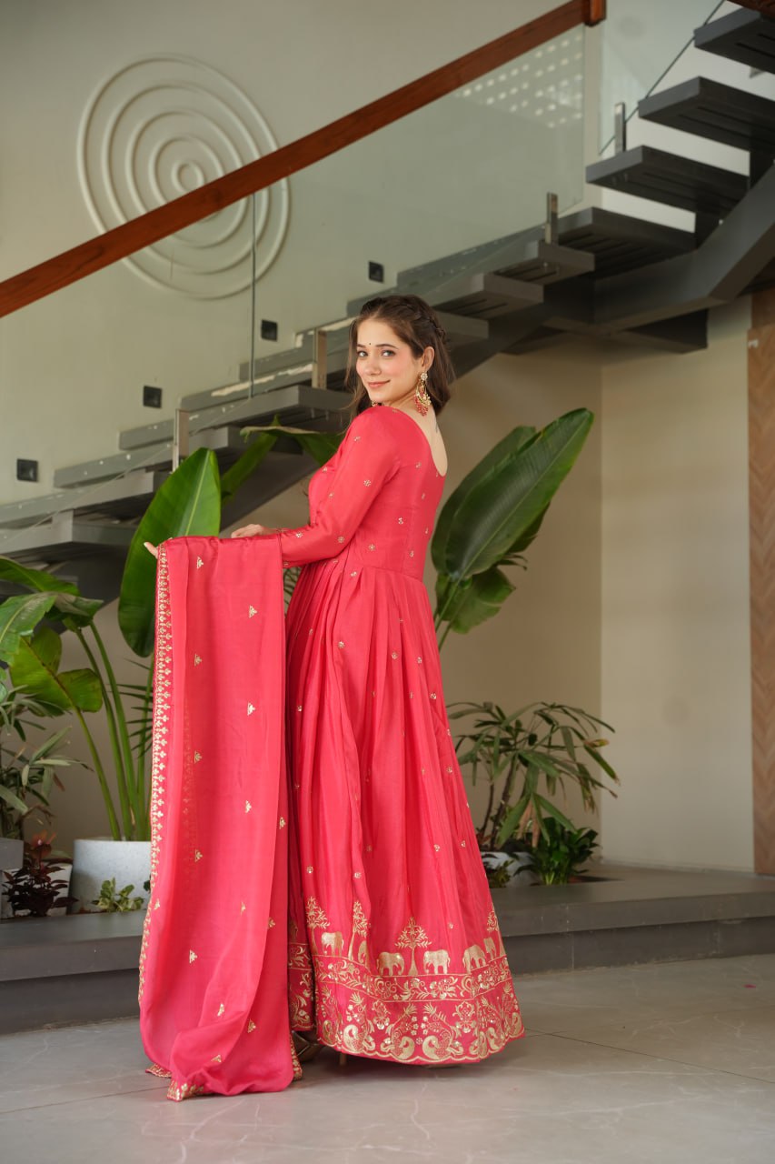 Harvisha rani pink chinon silk embroidered gown