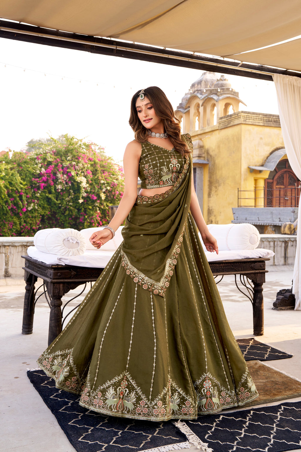 Zarakh olive green crush silk lehenga choli with sequins and thread embroidery work