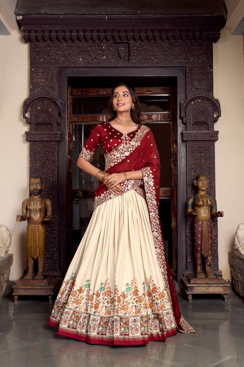 Maroon tussar silk foil print lehenga choli with embroidered dupatta