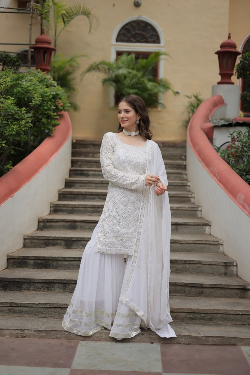 White georgette embroidered Lavya designer sharara suit
