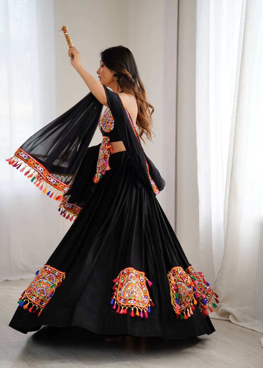 Black georgette lehenga choli with Gamthi embroidery and mirror work