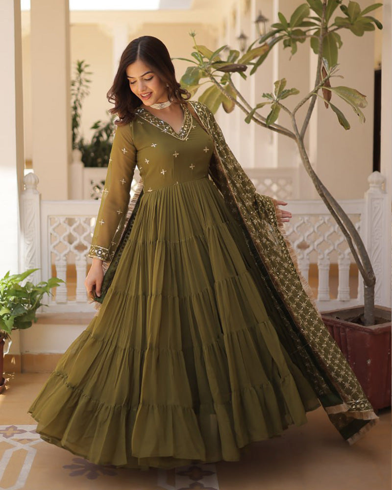 Ridhika mehendi green georgette anarkali gown suit set