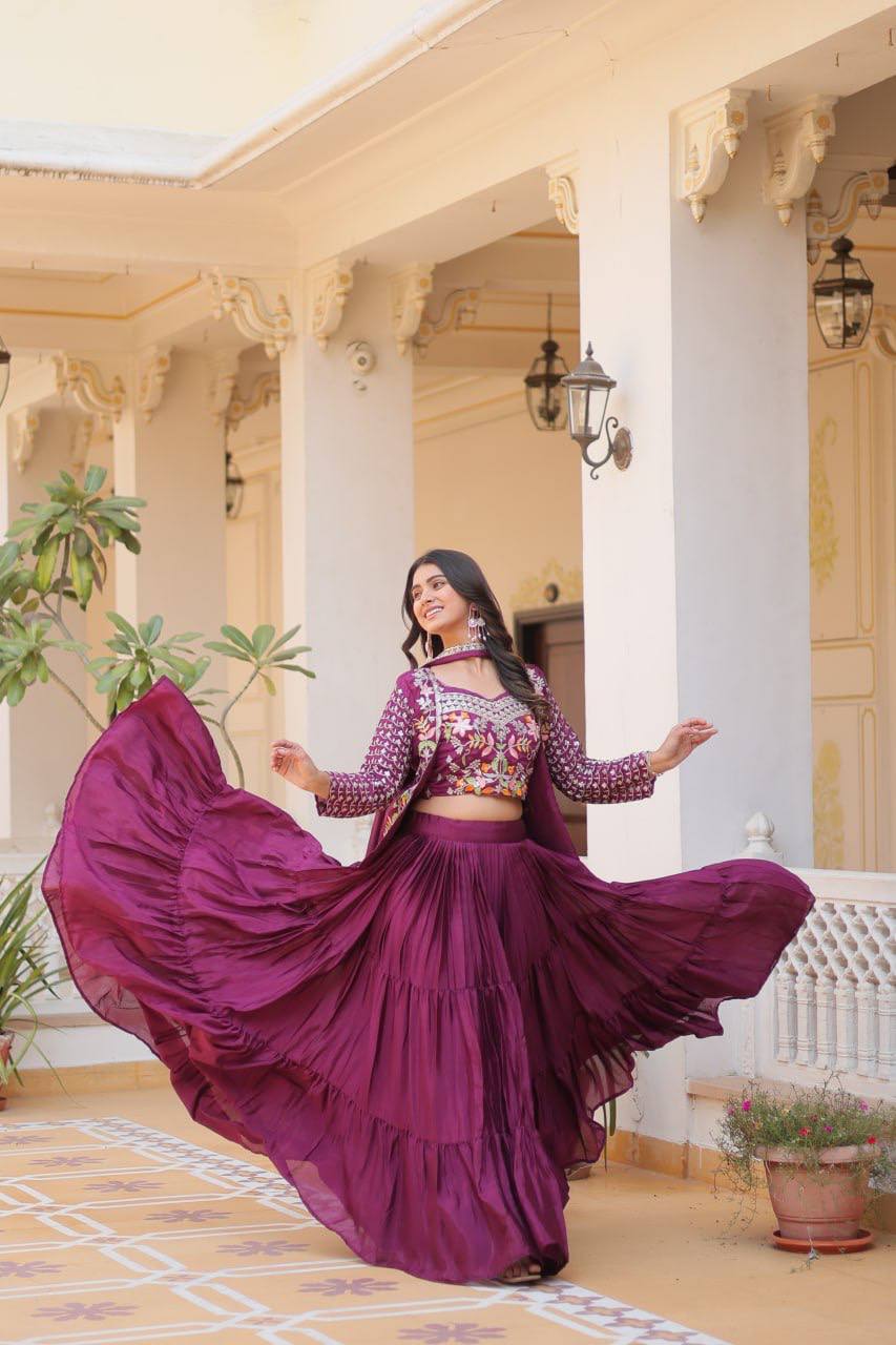 Maanvi purple festive wear embroidered lehenga choli with koti