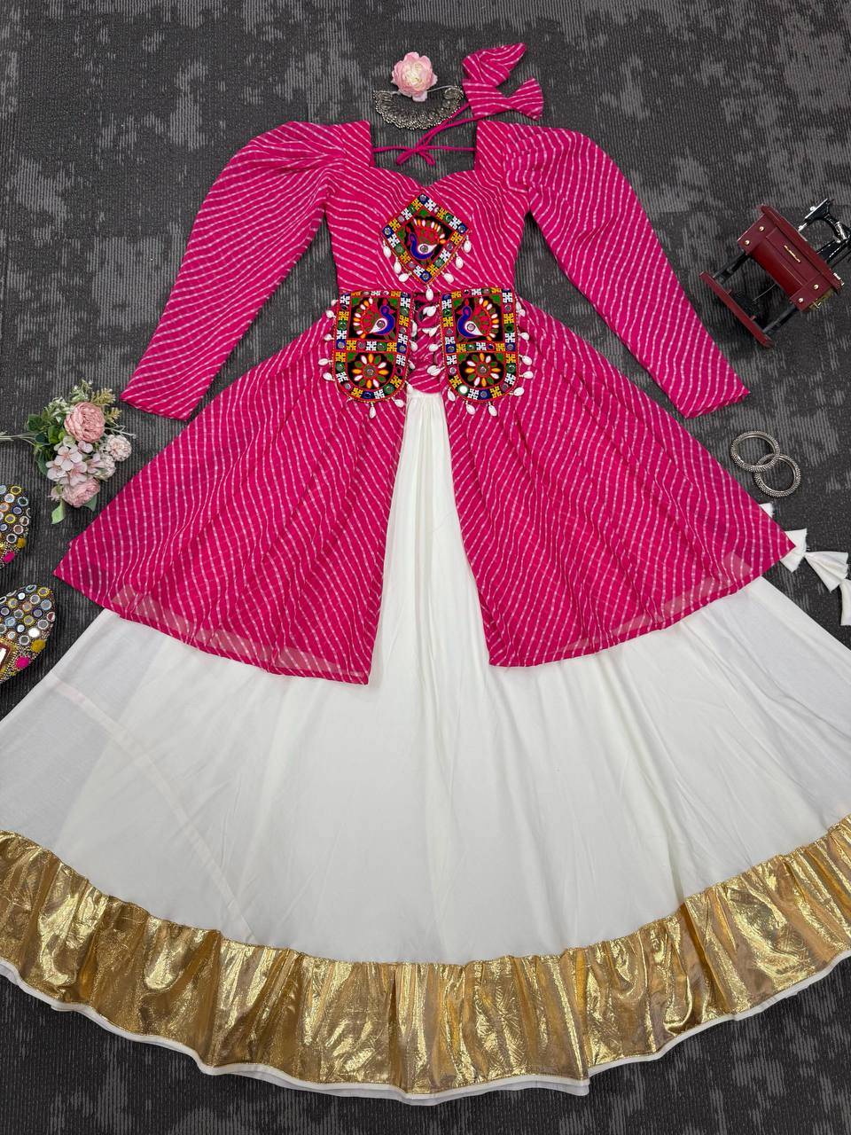 Pink georgette top with digital print and thread work butter silk Gota Patti lehenga