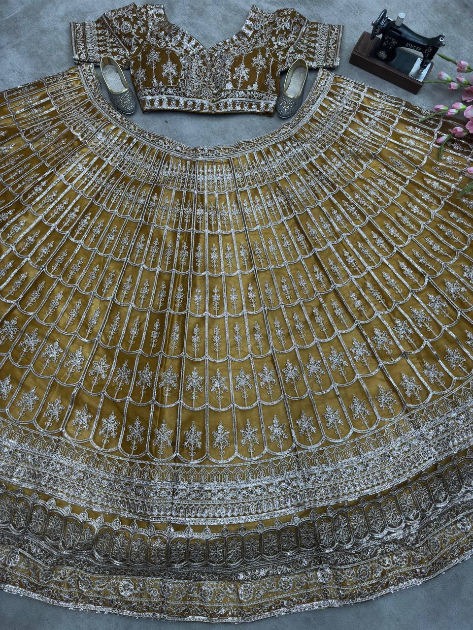 Brown net sequins embroidered designer lehenga choli with dupatta