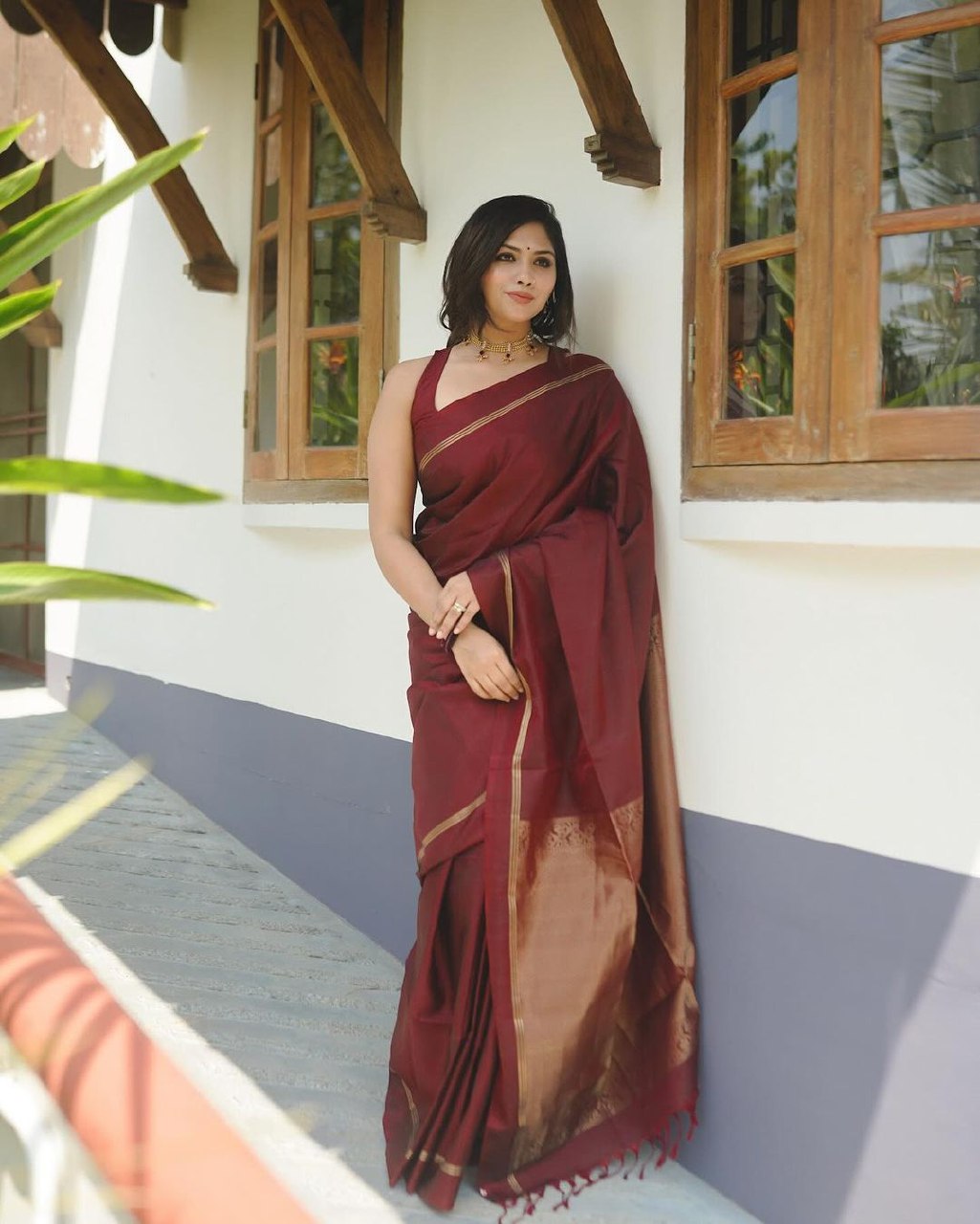 Maroon Banarasi silk Niva designer saree