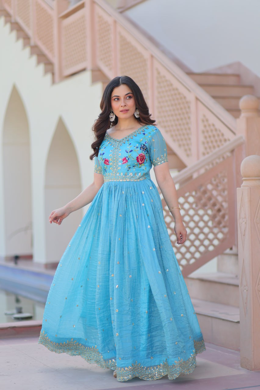 Sky blue gold crush zari sequins work embroidered gown