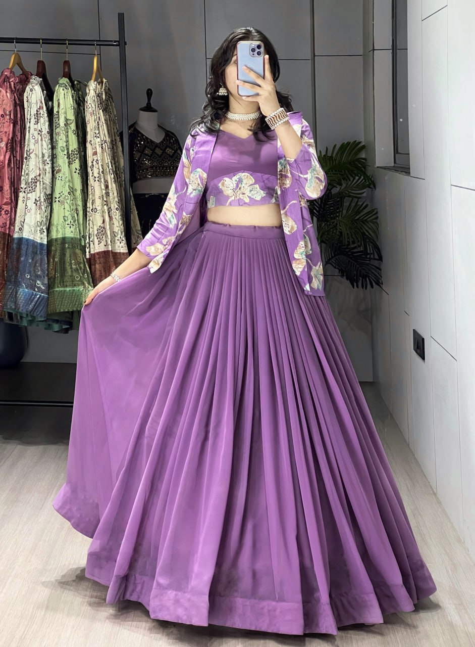 Alka lavender georgette foil printed lehenga choli with koti jacket