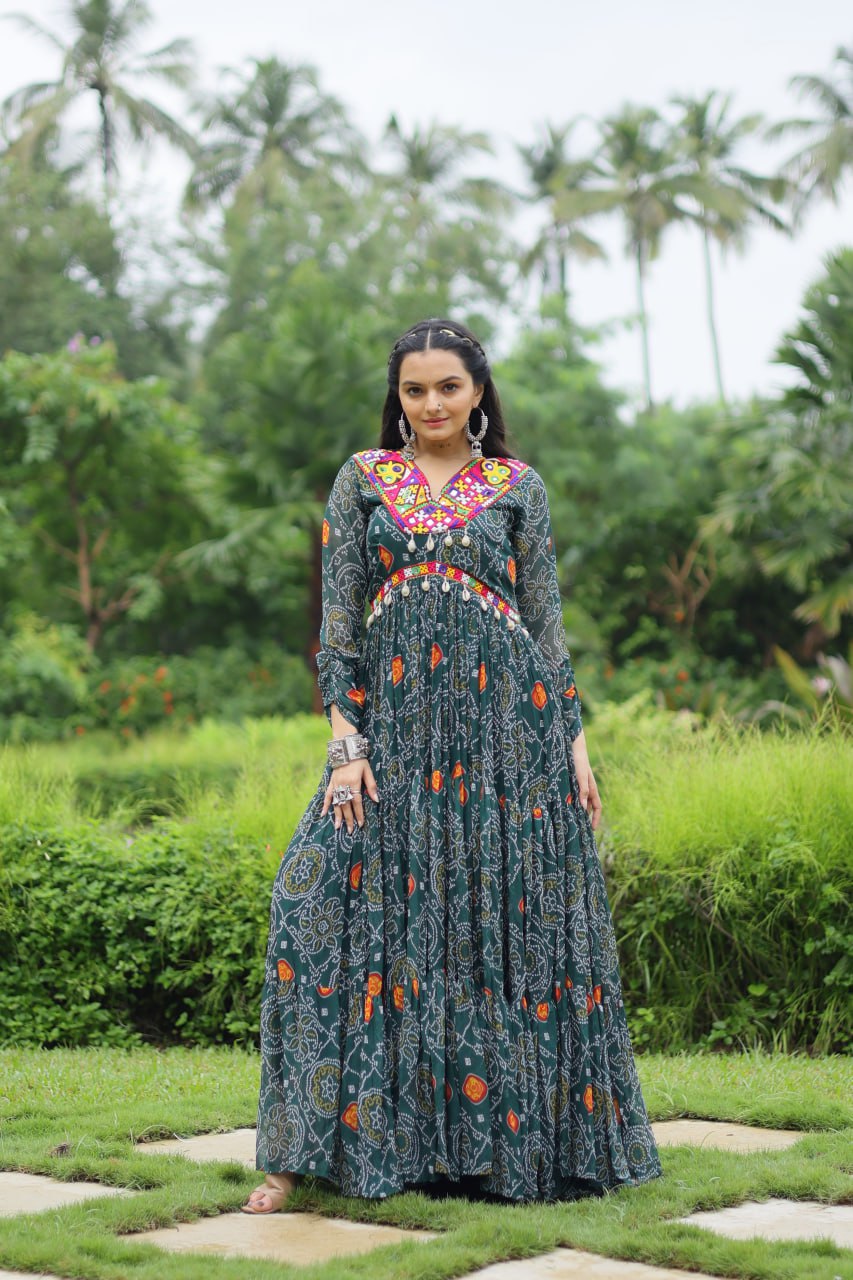 Dhruvi green georgette bandhani printed Navratri gown