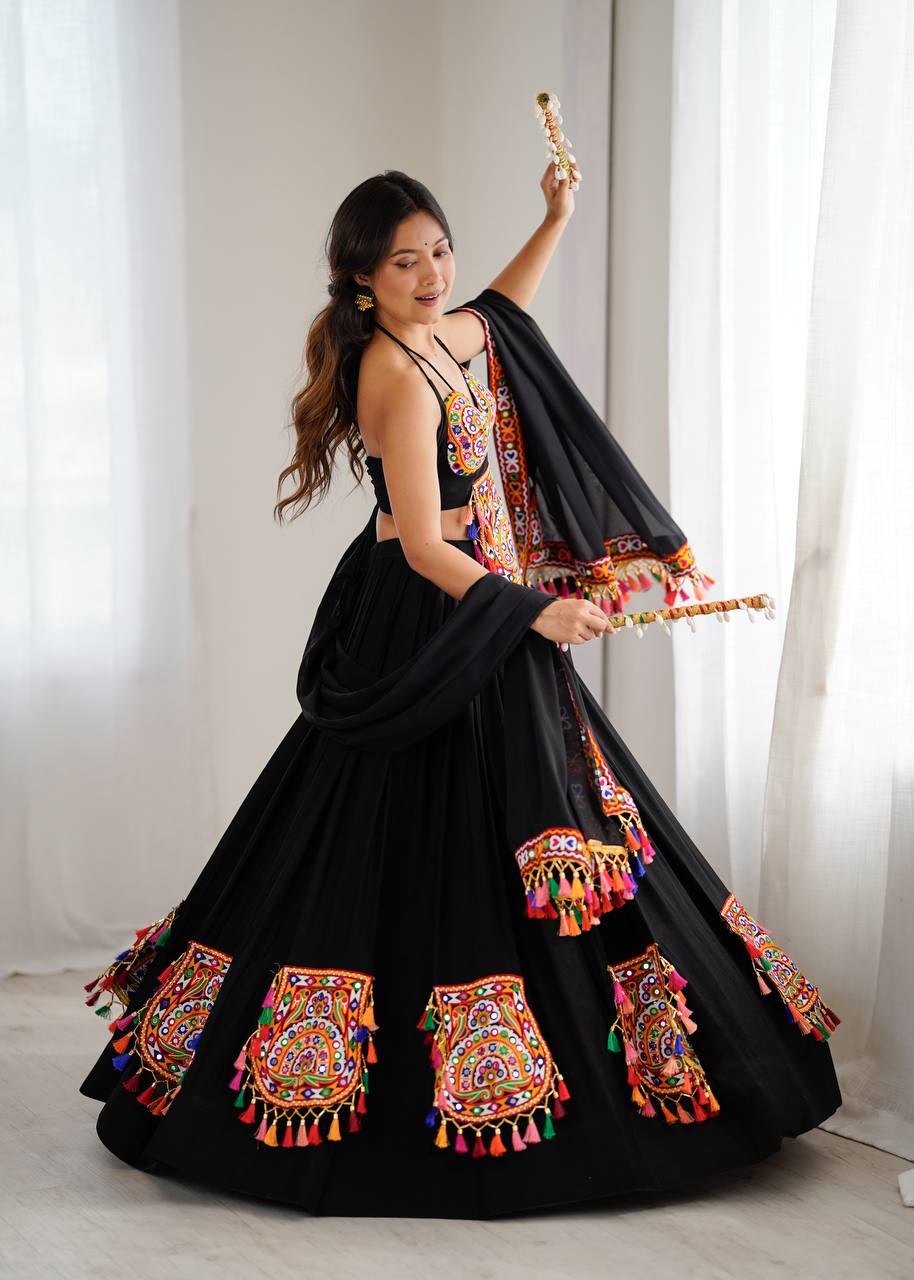 Black georgette lehenga choli with Gamthi embroidery and mirror work