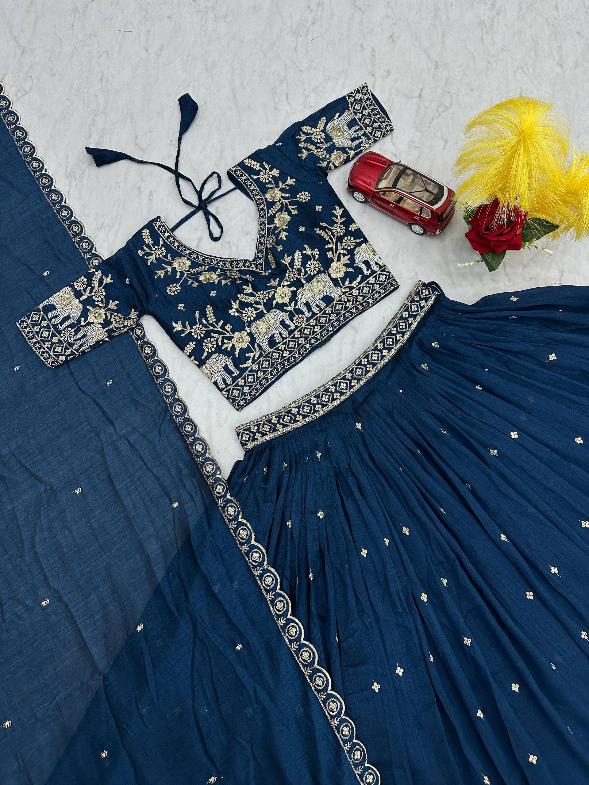 Gopi teal blue Vichitra silk lehenga choli with embroidery sequins thread work