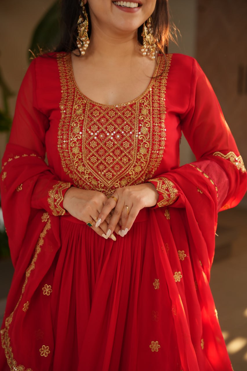 Red party wear gown with dupatta, Indian wedding dress, embroidered gown for women, full sleeve gown design—Trinaari stitched ethnic outfit.