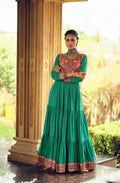 Emerald green pure rayon Gamthi jacquard weaving lace border ruffle flair gown