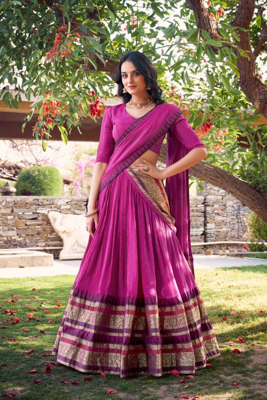 Pink pure chanderi lehenga choli with zari weaving work and dupatta