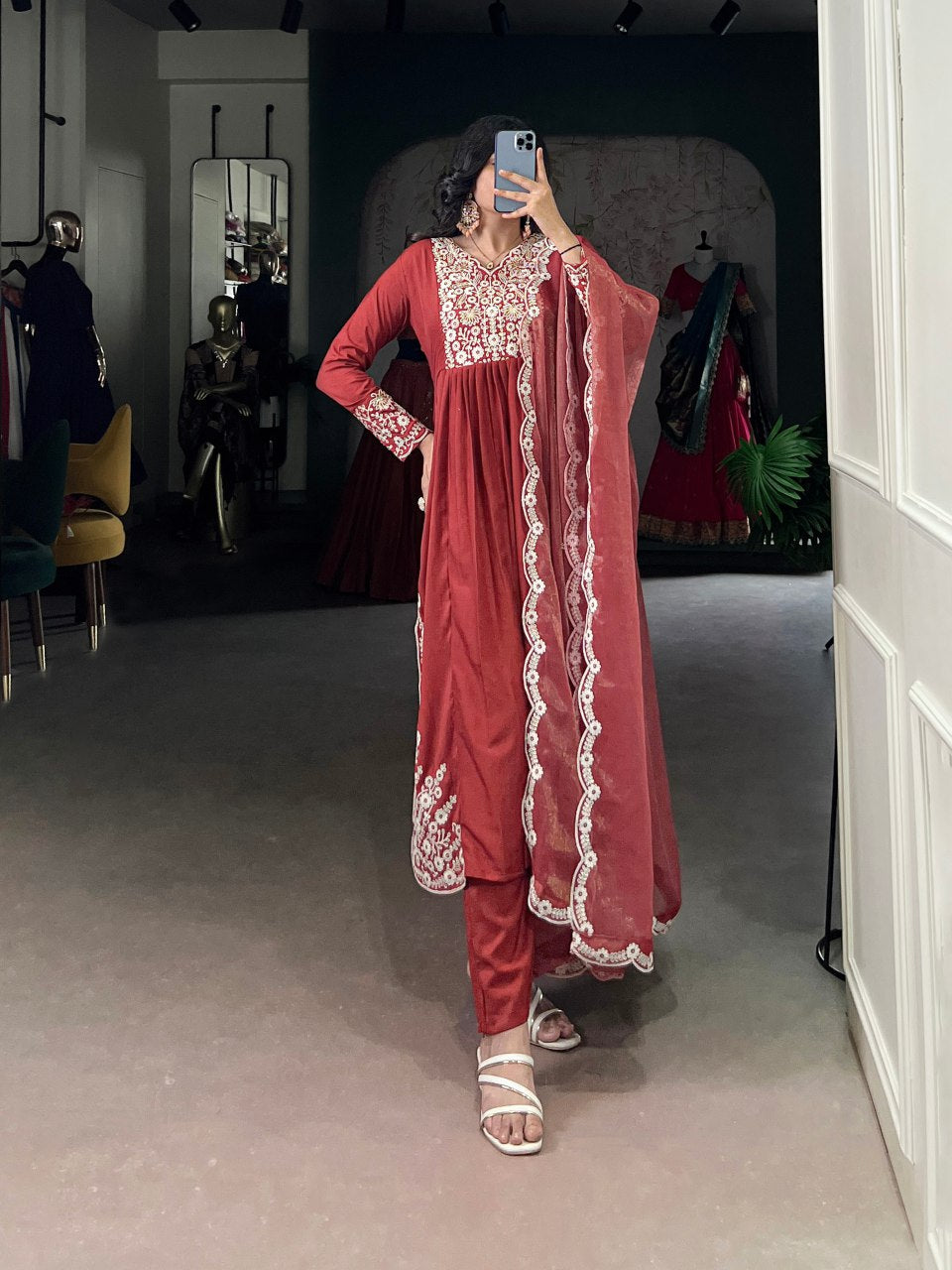 Rust orange Maska cotton embroidered kurta set with dupatta