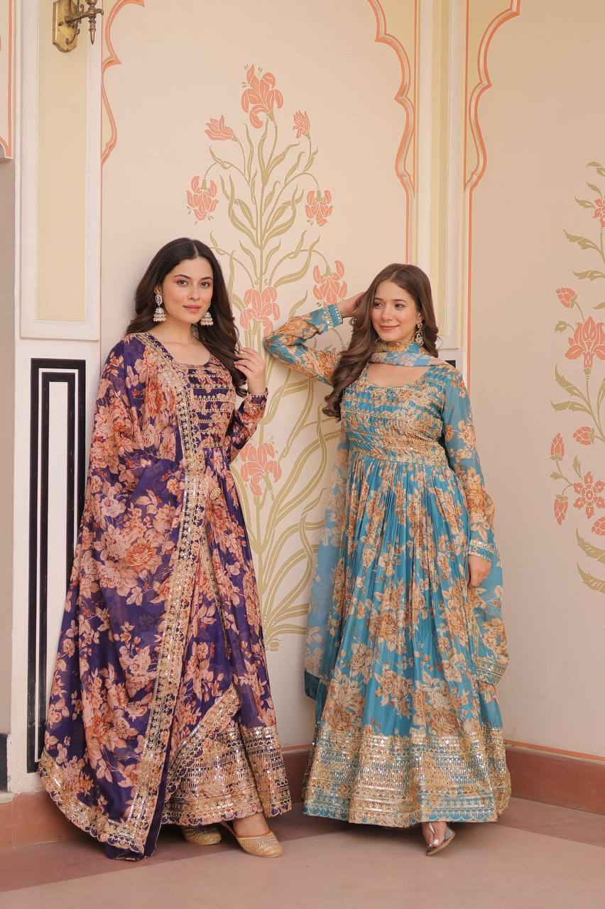 Purple Russian silk printed gown with embroidered sequins work and dupatta