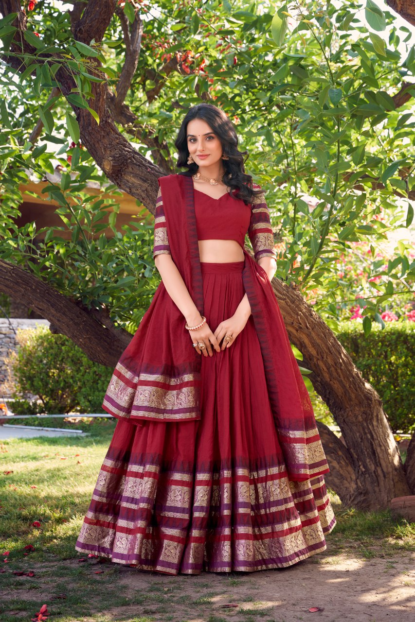 Maroon pure chanderi lehenga choli with zari weaving work and dupatta