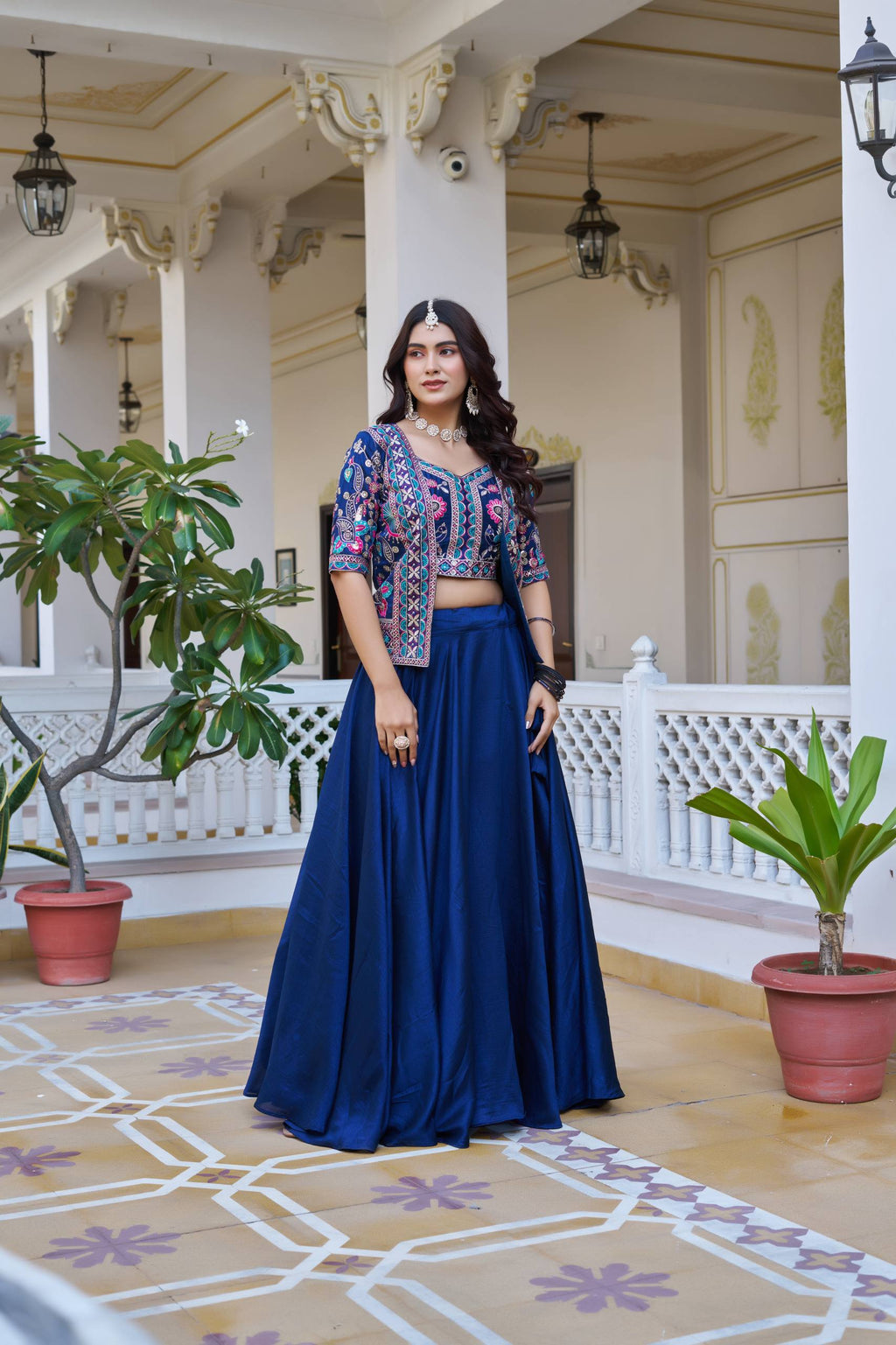Devisha blue Vichitra silk lehenga choli with embroidered koti