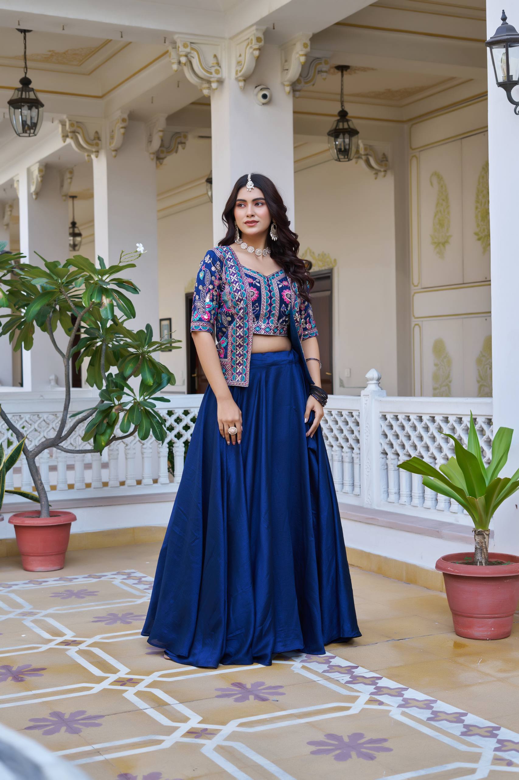 Devisha blue Vichitra silk lehenga choli with embroidered koti