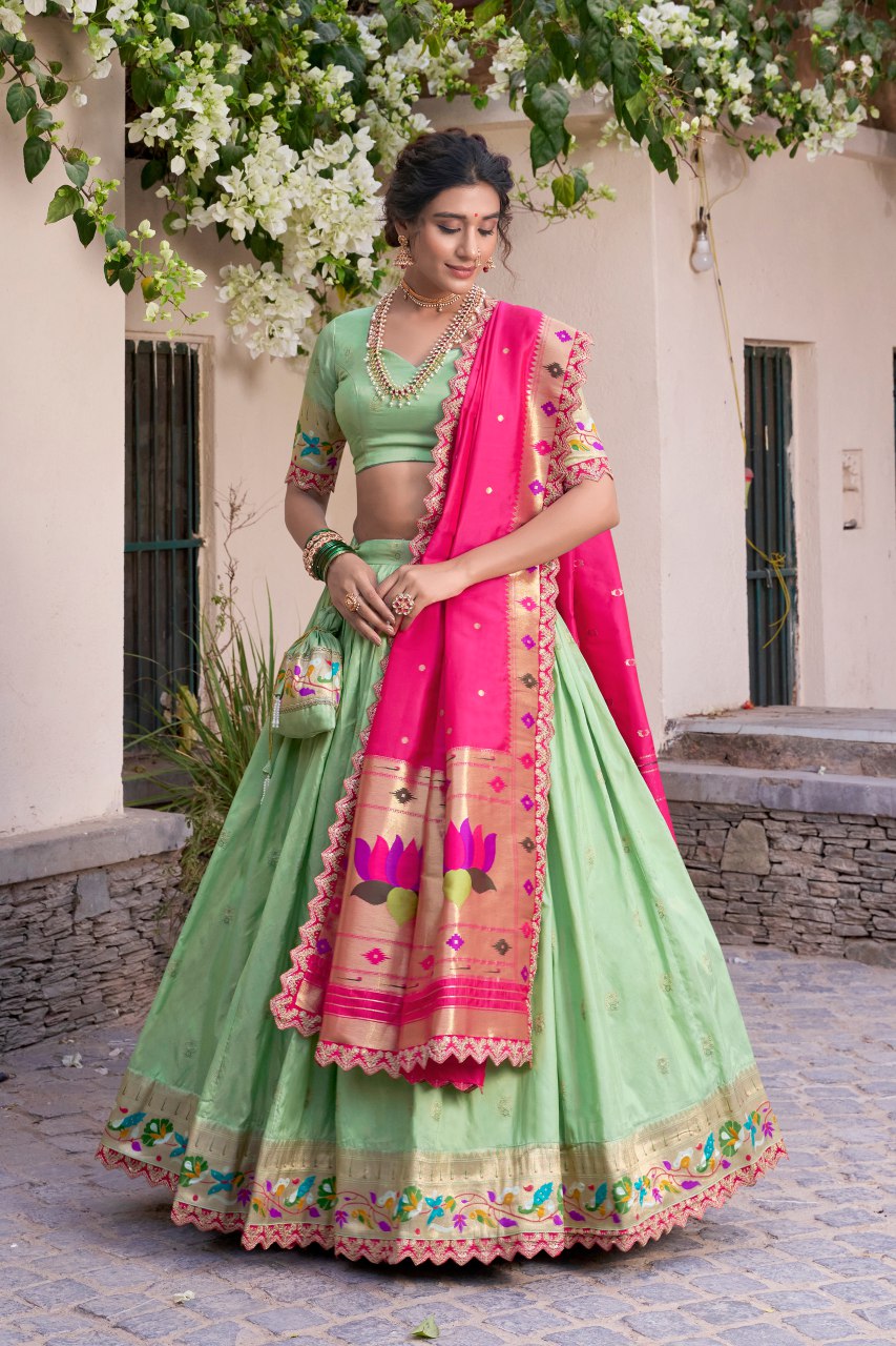 Pista green jacquard silk Paithani lehenga choli with dupatta and batwa