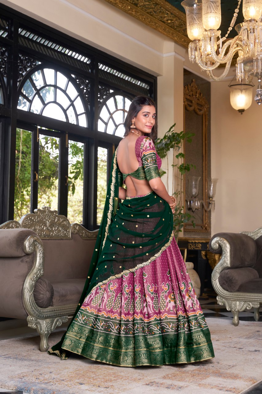 Pink Kanchipuram silk printed lehenga choli with embroidered dupatta