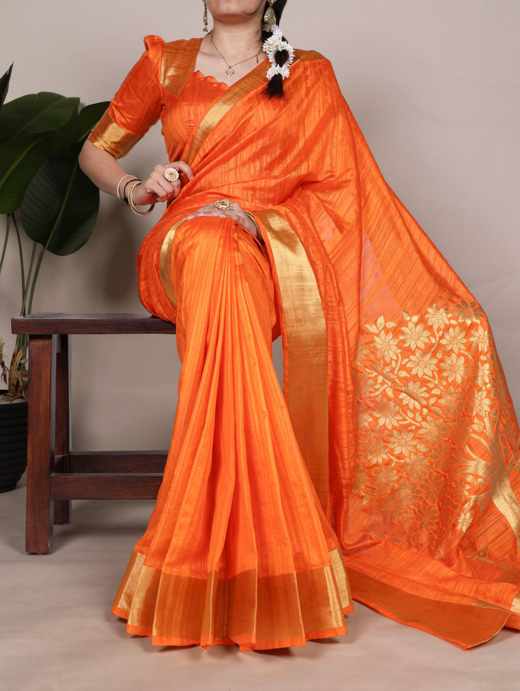Orange raw silk zari weaving saree with unstitched blouse