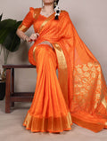 Orange raw silk zari weaving saree with unstitched blouse
