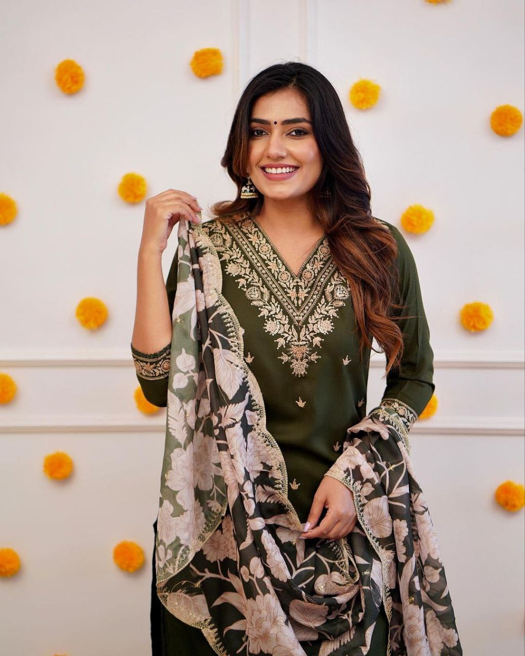 Janaki green chanderi embroidery kurti set with dupatta