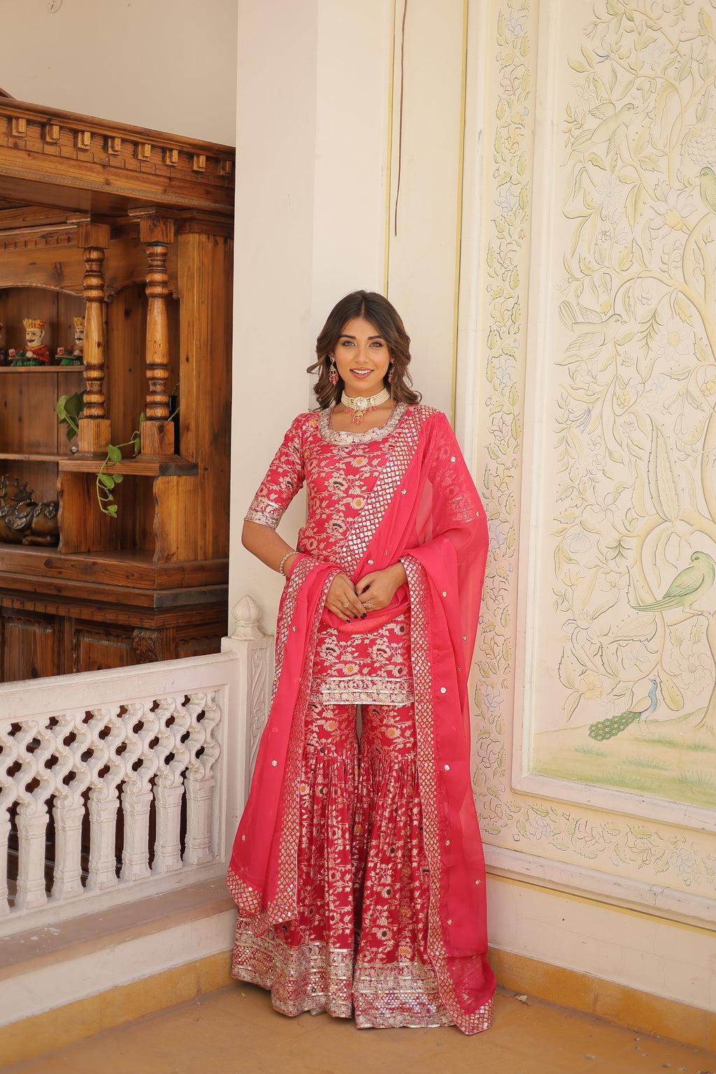 Krishnapriya rani pink viscose embroidered kurti gharara set