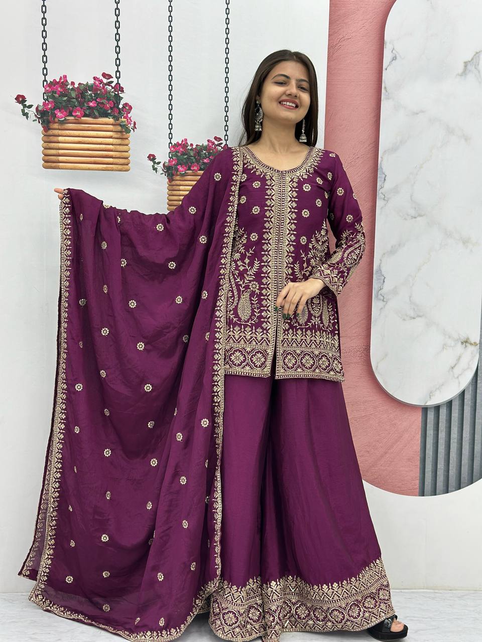Enya purple Chinon kurti palazzo set with thread sequence embroidery work