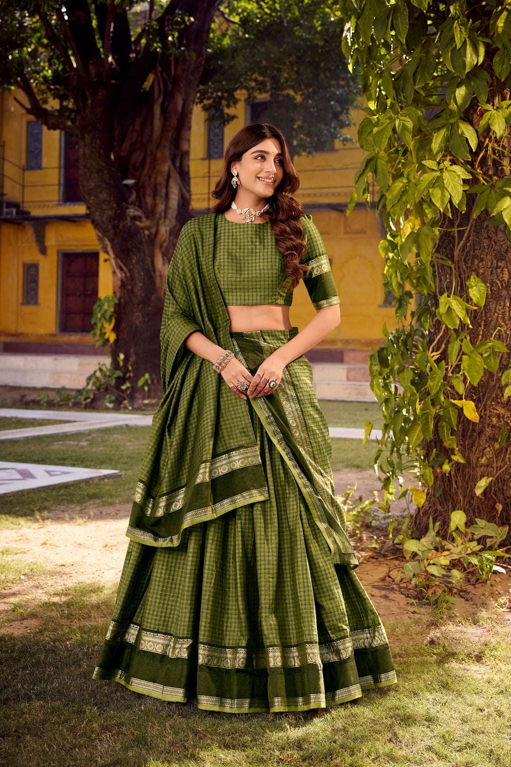 Rimi green Chettinad cotton chex half saree lehenga with zari weaving work