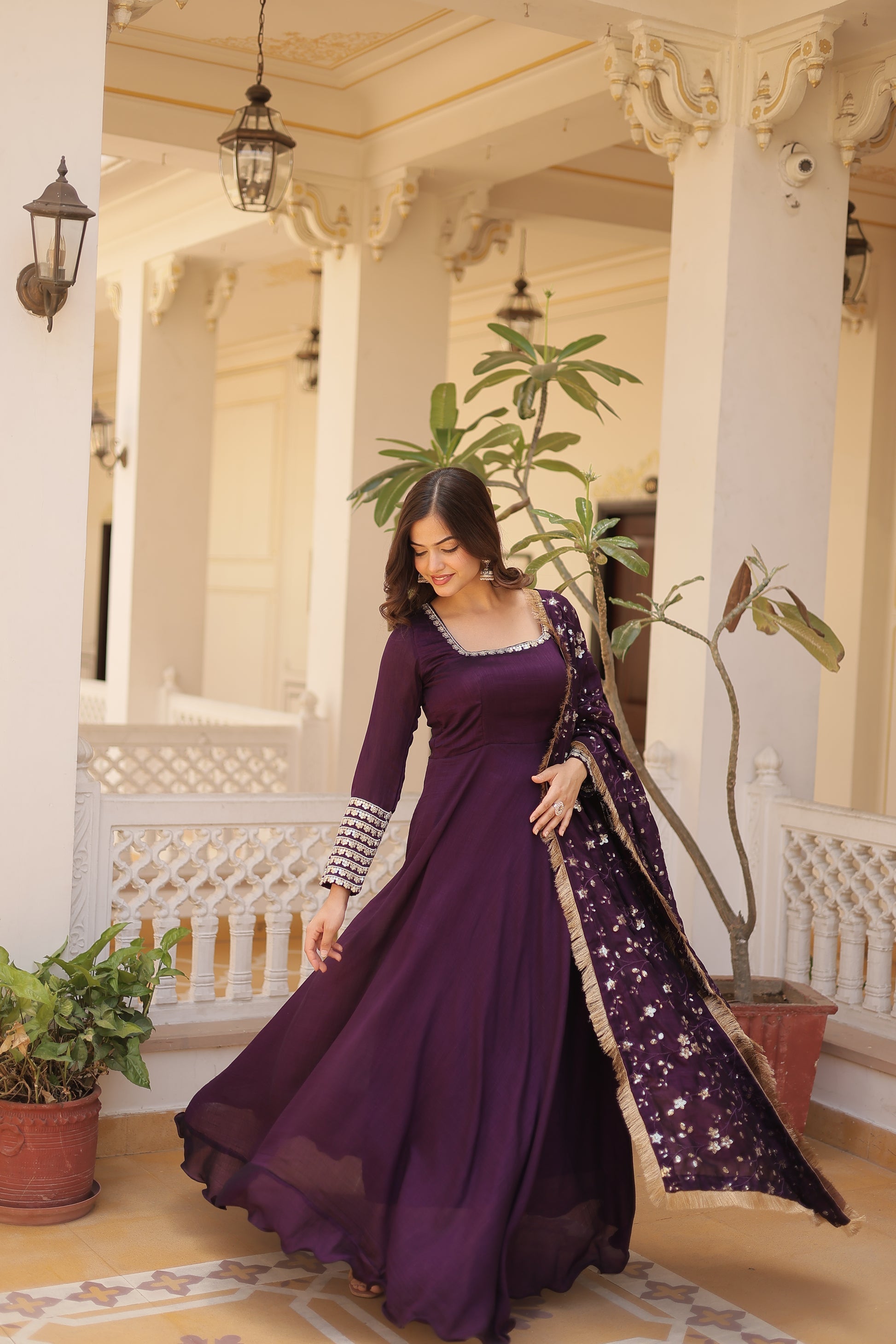 Purple Vichitra silk Aparajita designer Anarkali gown