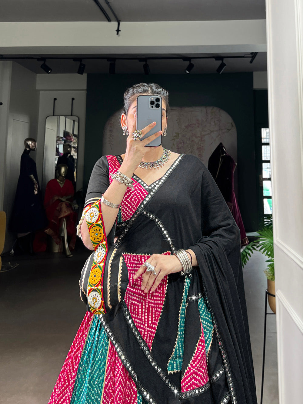 Black pink pure rayon Bandhej Ajrakh Gamthi mirror work lehenga choli