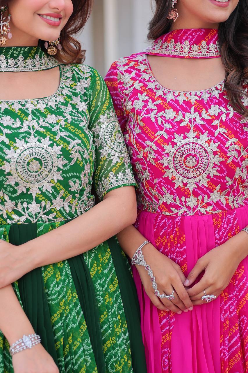 Saanvi pure bandhej georgette embroidered gown set